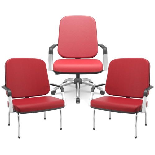 Kit Cadeira de Escritório Giratória e 2 Cadeiras Fixas Cromada Magno P03 Vinil Vermelho - Lyam Decor