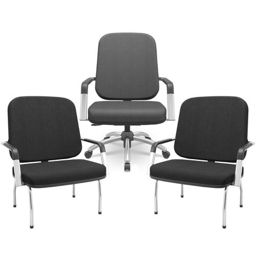 Kit Cadeira de Escritório Giratória e 2 Cadeiras Fixas Cromada Magno P03 Crepe Preto - Lyam Decor