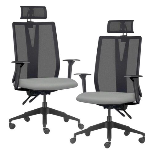 Kit 2 Cadeiras Escritório Giratória Presidente Flow F02 Base Preta Sintético Cinza - Lyam Decor