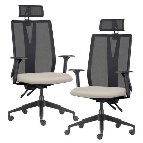 Kit 2 Cadeiras Escritório Giratória Presidente Flow F02 Base Preta Sintético Bege - Lyam Decor