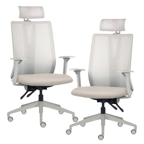 Kit 2 Cadeiras Escritório Giratória Presidente Flow F02 Base Cinza Linho Bege Claro - Lyam Decor