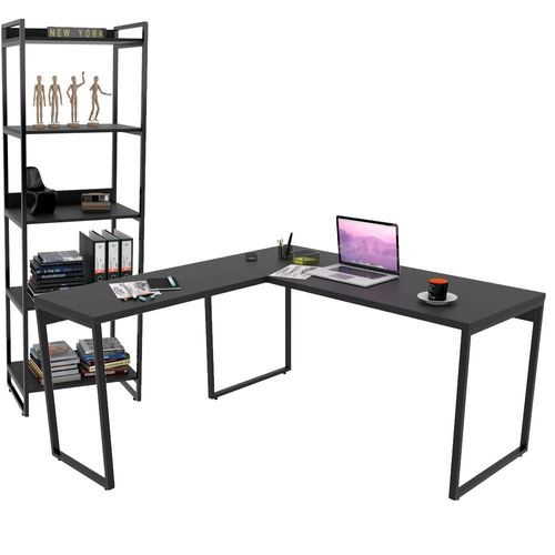 Kit Mesa Escritório Industrial em L com Estante 5 Prateleiras Form C01 150x150 Preto Onix - Lyam Decor