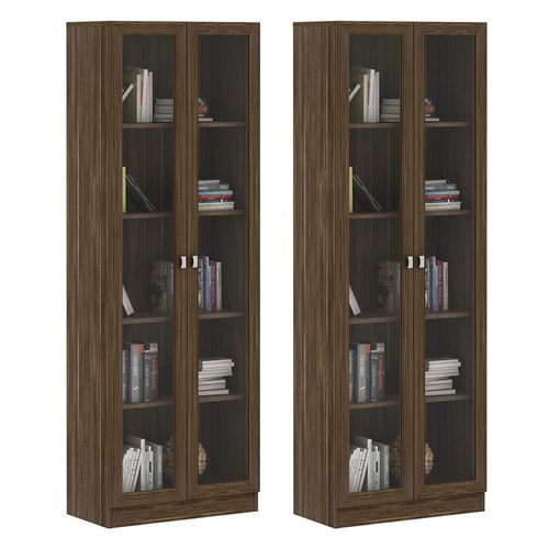 Kit 2 Estantes Escritório 2 Portas De Vidro 4 Prateleiras Cannes 171x59cm T01 Nogal - Lyam Decor