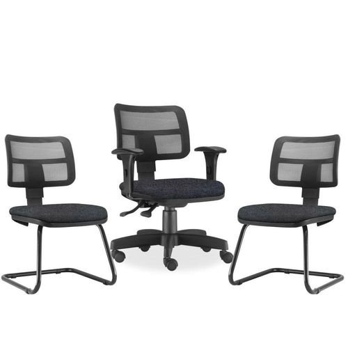Kit Cadeira de Escritório Giratória e 02 Cadeiras Fixas Zip L02 Linho Chumbo - Lyam Decor