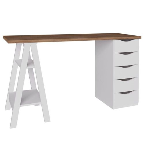 Mesa Para Escritório Escrivaninha Home Office 05 Gavetas Spirit Nogal A02 Branco - Lyam Decor