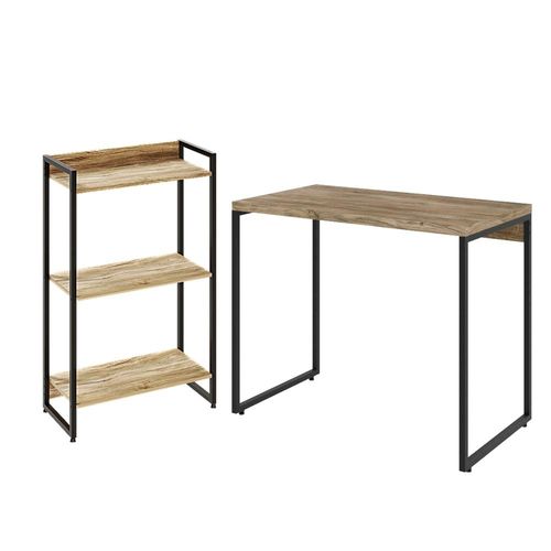Kit Para Escritório Estante Areta 3 Prateleiras Mesa Industrial Aspen 90cm C01 Carvalho - Lyam Decor
