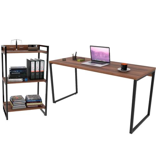 Kit Mesa Para Escritório com Estante Office Estilo Industrial Form C01 150 cm Nogal - Lyam Decor