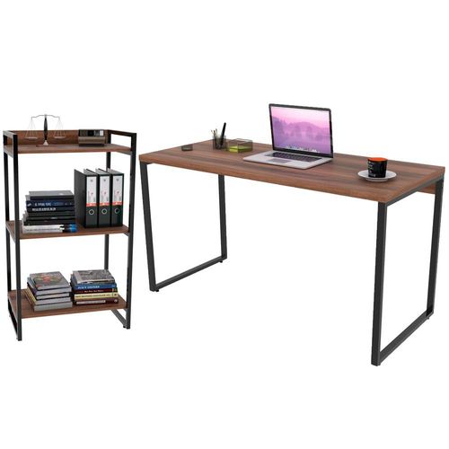 Kit Mesa Para Escritório com Estante Office Estilo Industrial Form C01 135 cm Nogal - Lyam Decor