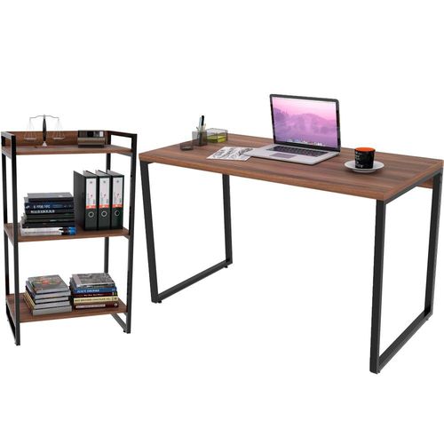 Kit Mesa Para Escritório com Estante Office Estilo Industrial Form C01 120 cm Nogal - Lyam Decor