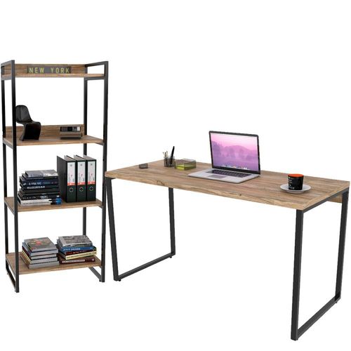 Kit Mesa Para Escritório com Estante 4 Prateleiras Industrial Form C01 135 cm Carvalho - Lyam Decor