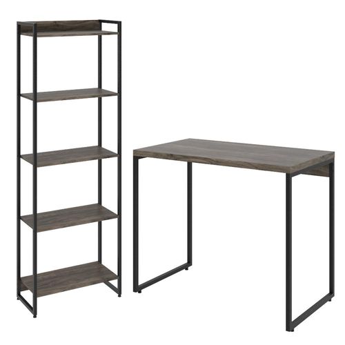 Kit Escritório Estante Areta 5 Prateleiras Mesa Industrial Aspen 90cm C01 Carvalho Dark - Lyam Decor