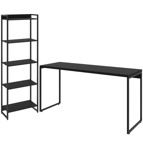 Kit Escritório Estante Areta 5 Prateleiras com Mesa Industrial Aspen 150cm C01 Onix - Lyam Decor