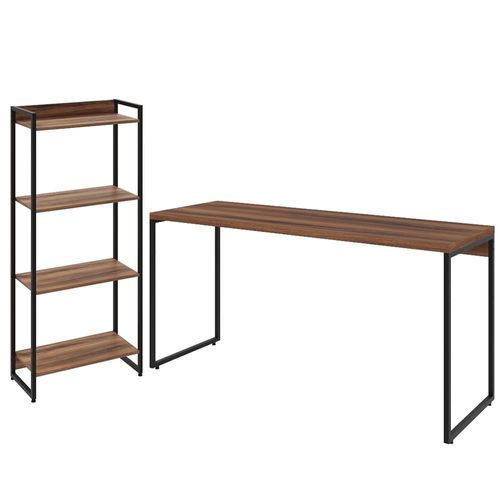 Kit Escritório Estante Areta 4 Prateleiras com Mesa Industrial Aspen 150cm C01 Nogal - Lyam Decor