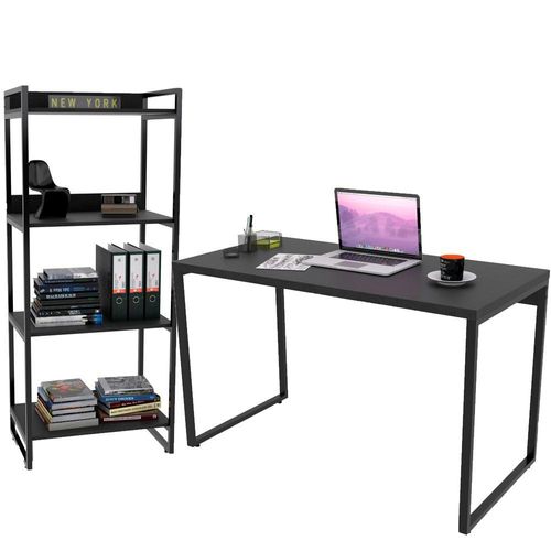 Kit Mesa Para Escritório com Estante 4 Prateleiras Industrial Form 120 cm Preto Onix - Lyam Decor
