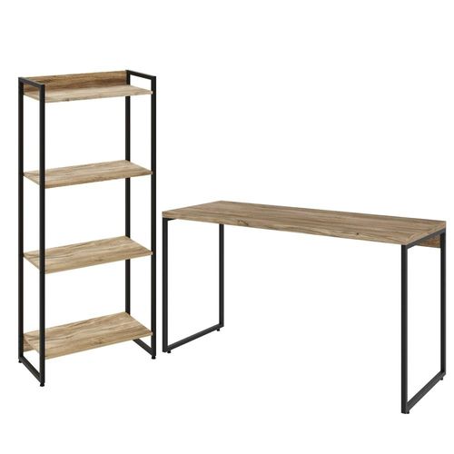 Kit Escritório Estante Areta 4 Prateleiras Mesa Industrial Aspen 120cm C01 Carvalho - Lyam Decor