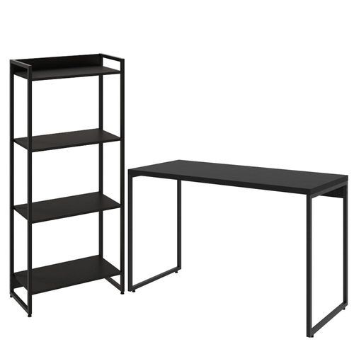 Kit Escritório Estante Areta 4 Prateleiras com Mesa Industrial Aspen 120cm C01 Onix - Lyam Decor