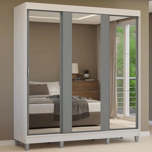 Guarda-Roupa Casal com Pés 3 Portas de Correr de Espelho Branco/Cinza Reno Madesa