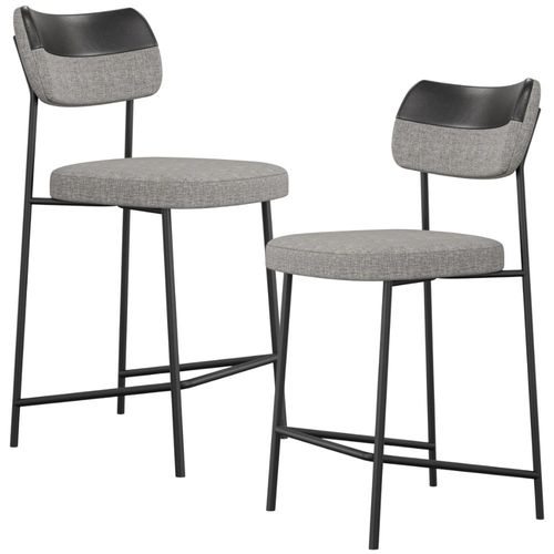 Kit 02 Banquetas Baixa Bar Cozinha Sala Jantar Preto Melina L02 Couríssimo Preto Linho Cinza - Lyam Decor