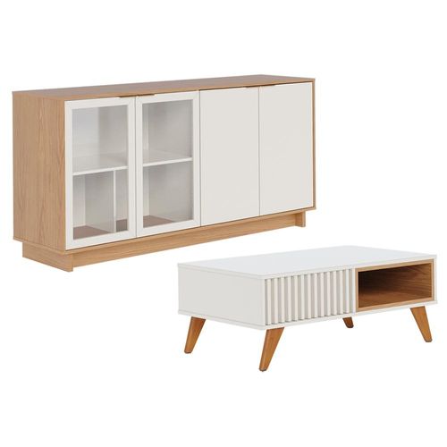 Kit Aparador Para Sala De Estar Áustria Com Mesa De Centro Delta C04 Freijó Off White - Lyam Decor