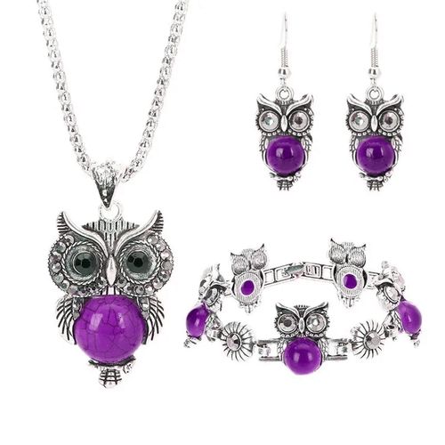 kit Colar brinco pulseira Coruja Pedra Strass Diamante Lilas