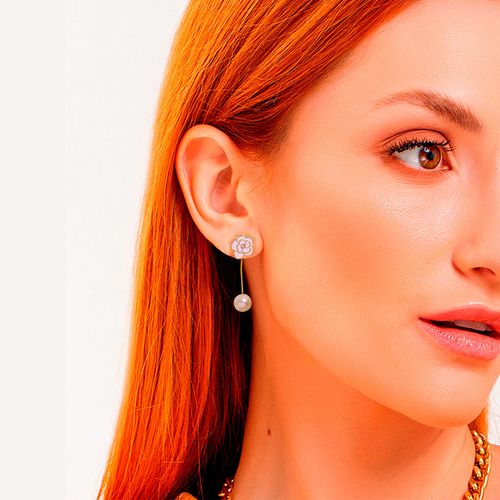 Brinco Feminino Delicado Flor Strass Pérola Dourado 2 em 1