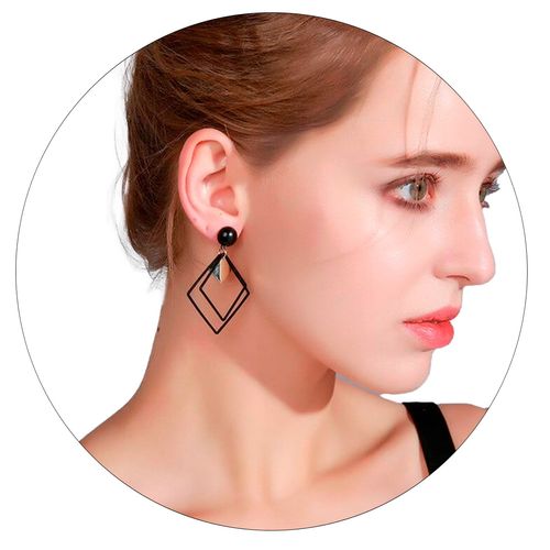 Brinco Feminino Longo Quadrado Preto e Dourado Luxo Pressão