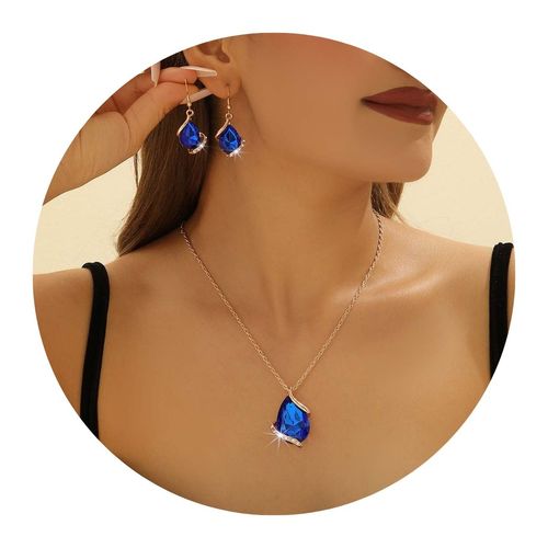 Conjunto Colar e Brincos Pedras Strass Luxo Tendência Azul