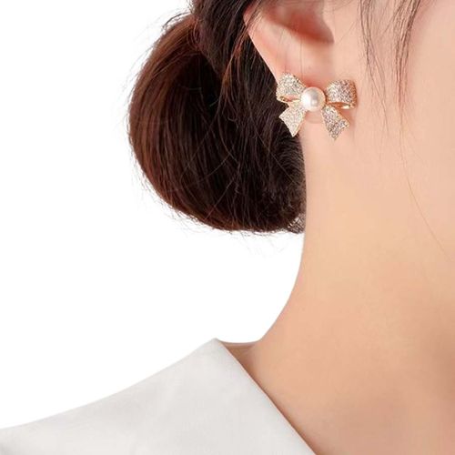 Brincos Feminino Laço Delicado Pequeno Pérola Strass Luxo