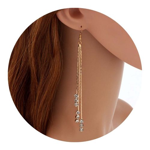 Brinco Feminino Franja Longo Fino 3 Bolinhas Strass Dourado