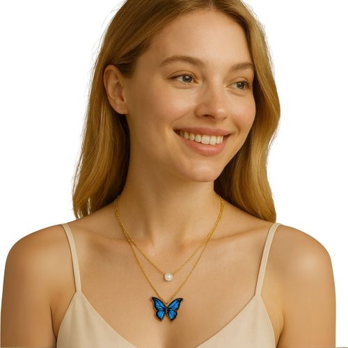 Colar Feminino Dourado Duplo Borboleta Azul e Pérola Luxo