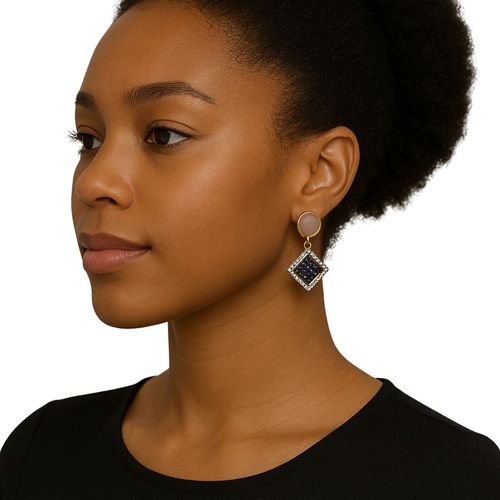 Brinco Festa Dourado Preto Quadrado Elegante Luxo Strass