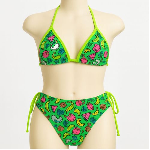 Biquíni Infantil Cortininha Verde Neon com Estampa Divertida