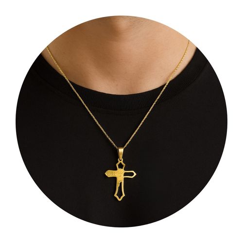 Pingente Cruz Dourada com Desenho de Jesus em Aço Inoxidável