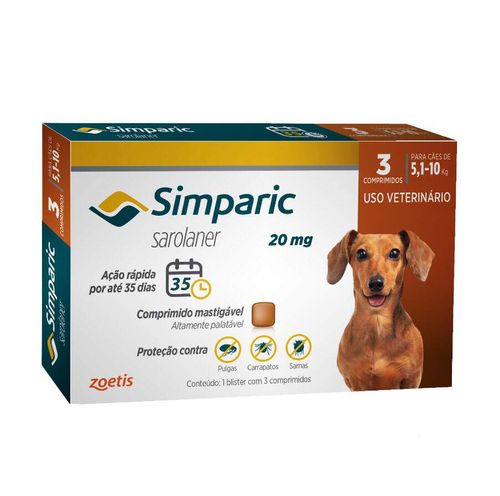 Simparic 20mg Cães 5,1 até 10Kg 3 Comprimidos