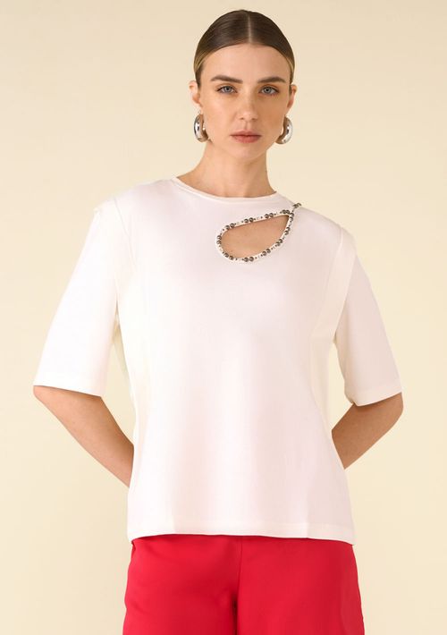 T-Shirt Maria.Valentina Decote Redondo Bordada Manual Off White