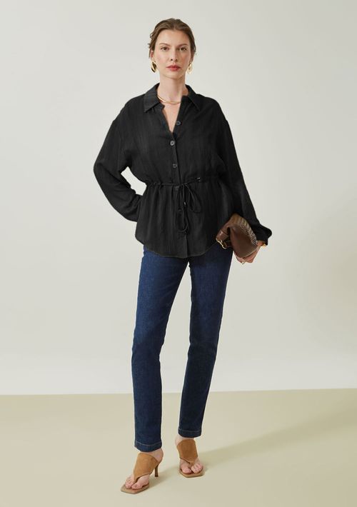 Camisa Maria.Valentina Solta Gola Tradicional Manga Longa Alongada Preto