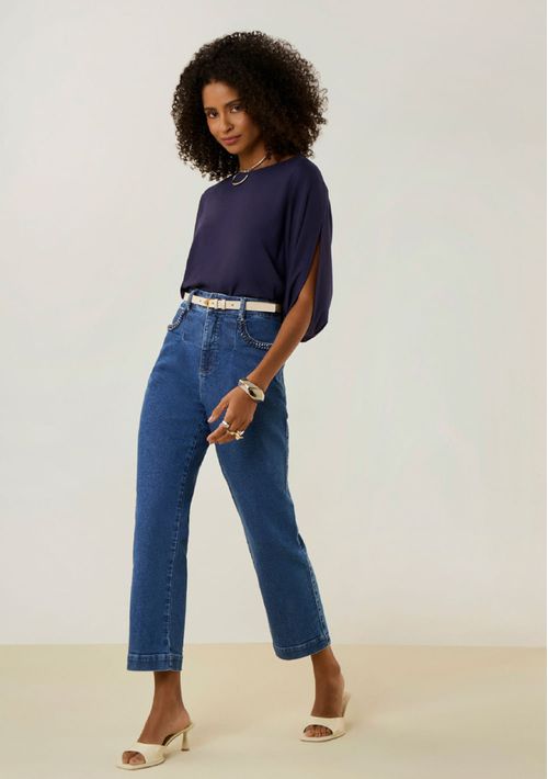 Camiseta Maria.Valentina Solta Decote Careca Manga Curta Padrão Azul Escuro