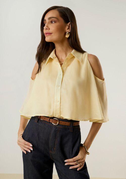 Camisa Maria.Valentina Solta Gola Tradicional Manga Longa Padrão Amarelo