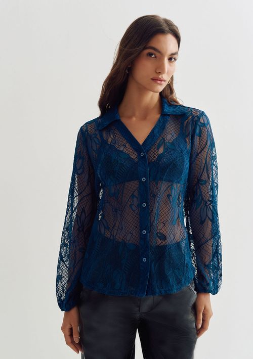 Camisa Lebôh Manga Longa Com Botões Azul Marinho