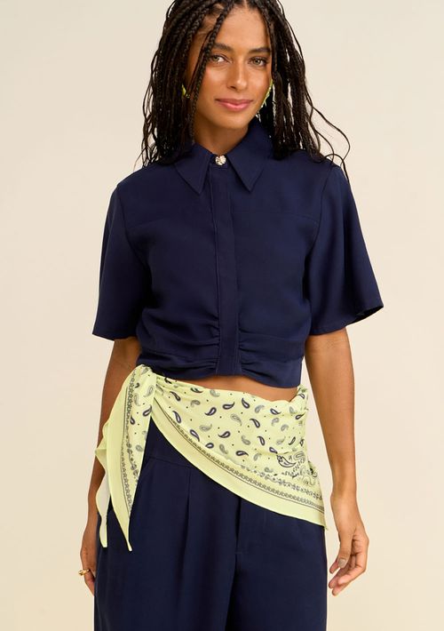 Camisa Zinco Solta Gola Clássica Manga Curta Cropped Azul