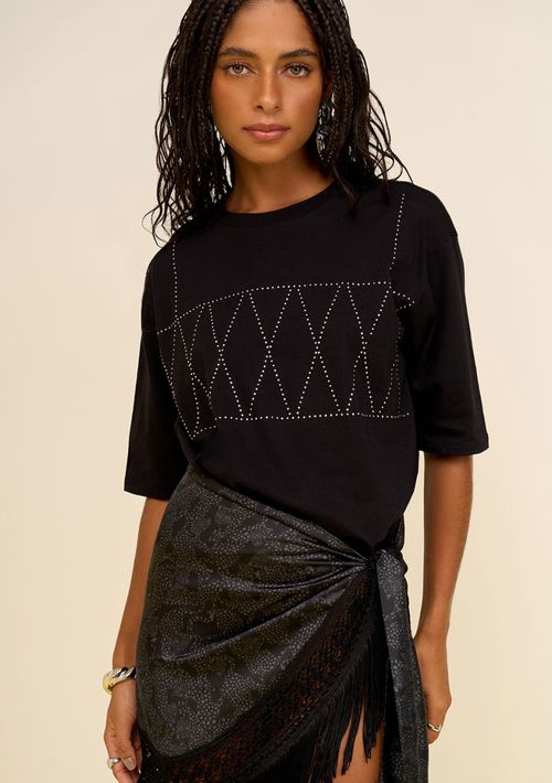 Camiseta Zinco Solta Decote Careca Manga Curta Padrão Preto