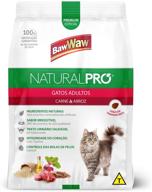 Ração Baw Waw Natural Pró Gato Adulto Carne e Arroz 1kg