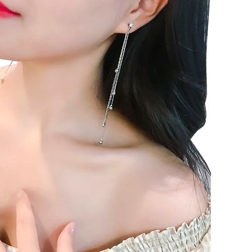 Brinco Feminino Delicado Strass Longo Prateado Cordão Joia