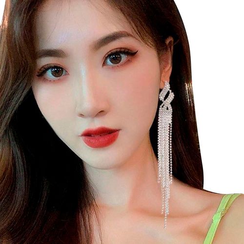 Brinco Feminino Delicado Franja Longo Strass Prateado Joia