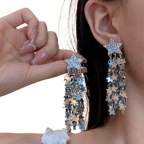 Brinco Festa Feminino Delicado Luxo Estrela Franja Strass