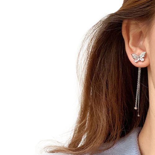 Brincos Femininos Longo Franja Borboleta Brilho Luxo Strass