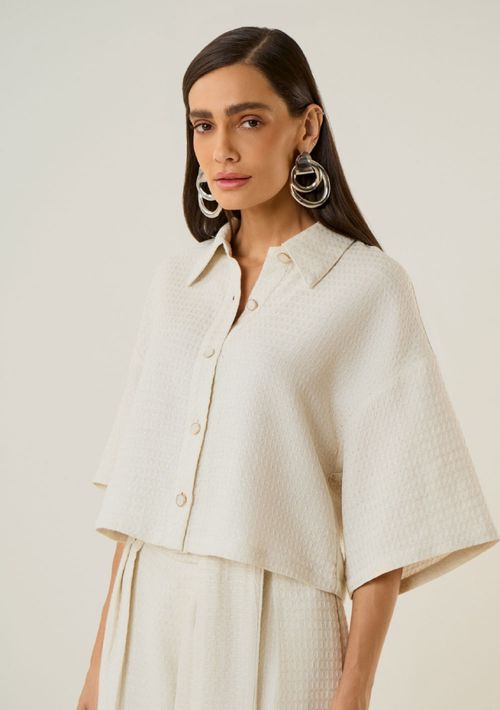 Camisa Maria.Valentina Solta Gola Tradicional Manga Curta Cropped Off White