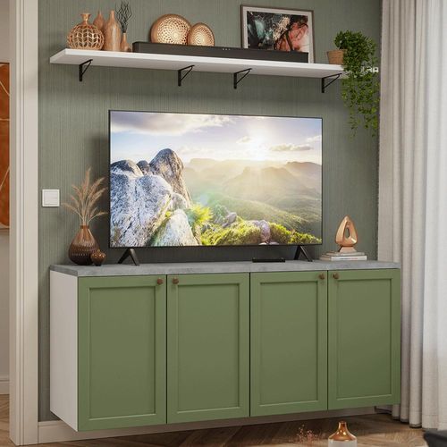 Rack para TV até 70 Polegadas + Prateleiras 160cm Branco/Verde Vik Madesa 05