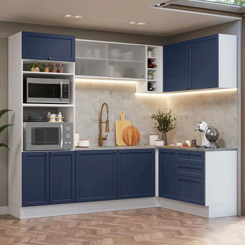Armário de Cozinha Completa de Canto 399 cm Branco/Azul Vik Madesa 01