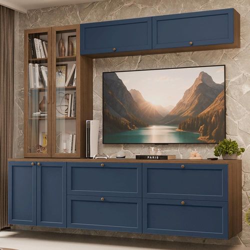 Estante Sala de Estar com Rack + Cristaleira 230cm Rustic/Azul/Rustic Vik Madesa 02